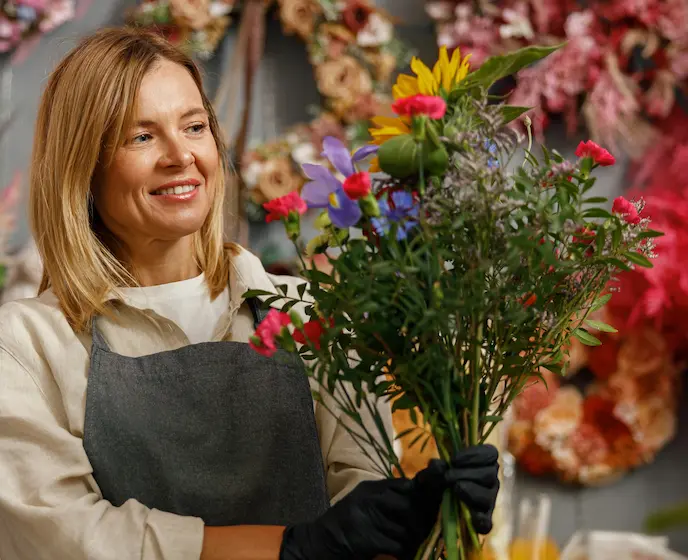Artikelbild2 688×560 Florist binder en bukett i sin blomsterbutik