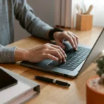 Händer skriver på en laptop vid ett skrivbord